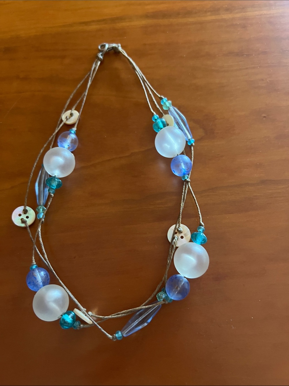 Beaded Multi-Strand Necklace in Aqua and White - Unbranded